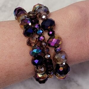 Purple‎ Iridescent Beaded Bracelet Lot of 3 Stretch Faceted Beads Bundle Set